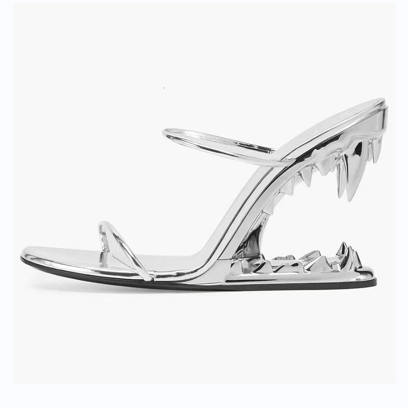 Sandals Summer Metal Tooth Wedges Sandals Highheeled Fashion Shows Sexy Women's Shoes Slippers Gold Silver Black Pink Big Size 230802 - view 6
