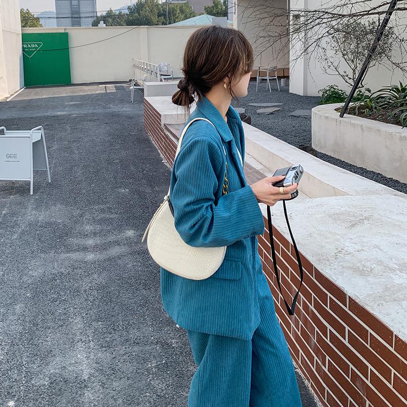 Women's Two Piece Pants Blue Corduroy Blazer Jacket And Suits 2023 Autumn Women Elegant Fashion Loose Coat Wide Leg Trousers Sets A37