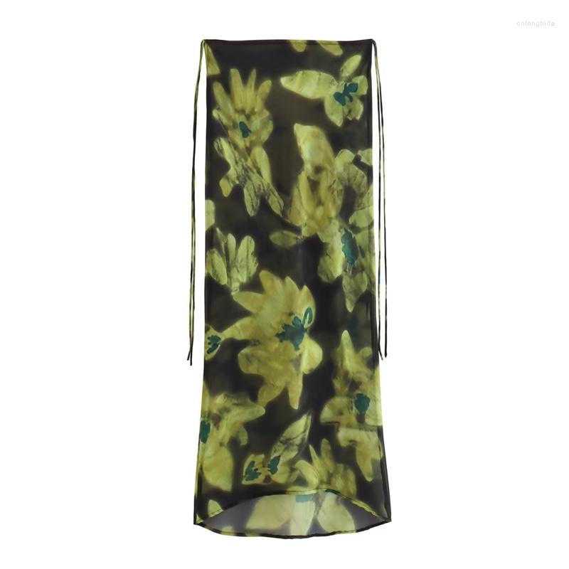 Work Dresses Woman Vintage Green Print Shirt Suit 2023 Summer Female High Street V Neck Lacing Sets Waisted Straight Skirt Set