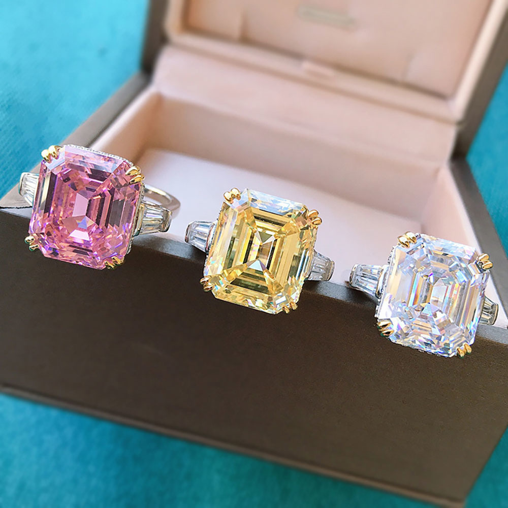 Wedding Rings Sparkling 925 Sterling Silver 13 15mm Simulated Topaz Pink Quartz High Carbon Diamond Party Big Gemstone Ring for Women 230802