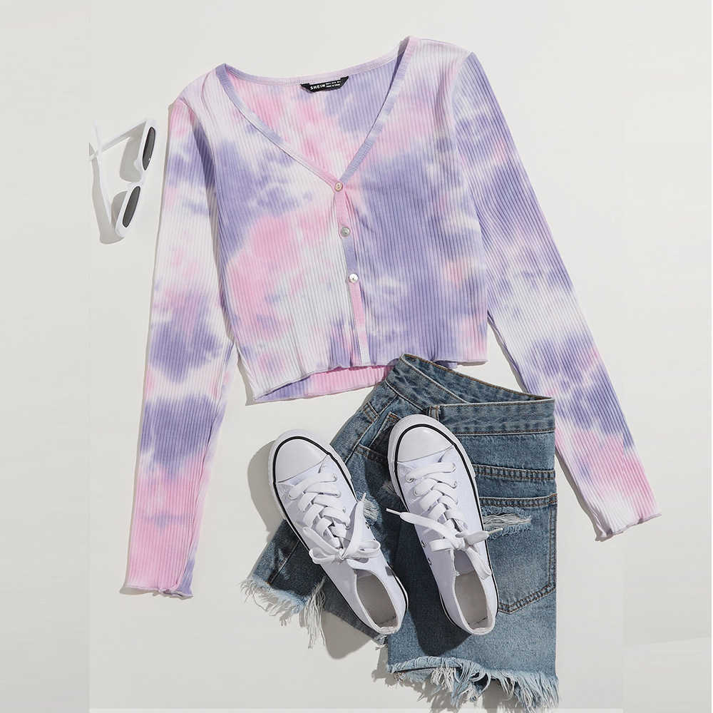 2023 Spring New Fashion Tie Dye Long Sleeve Cardigan T-shirt Casual Versatile Slim Fit V-neck Women's T-shirt