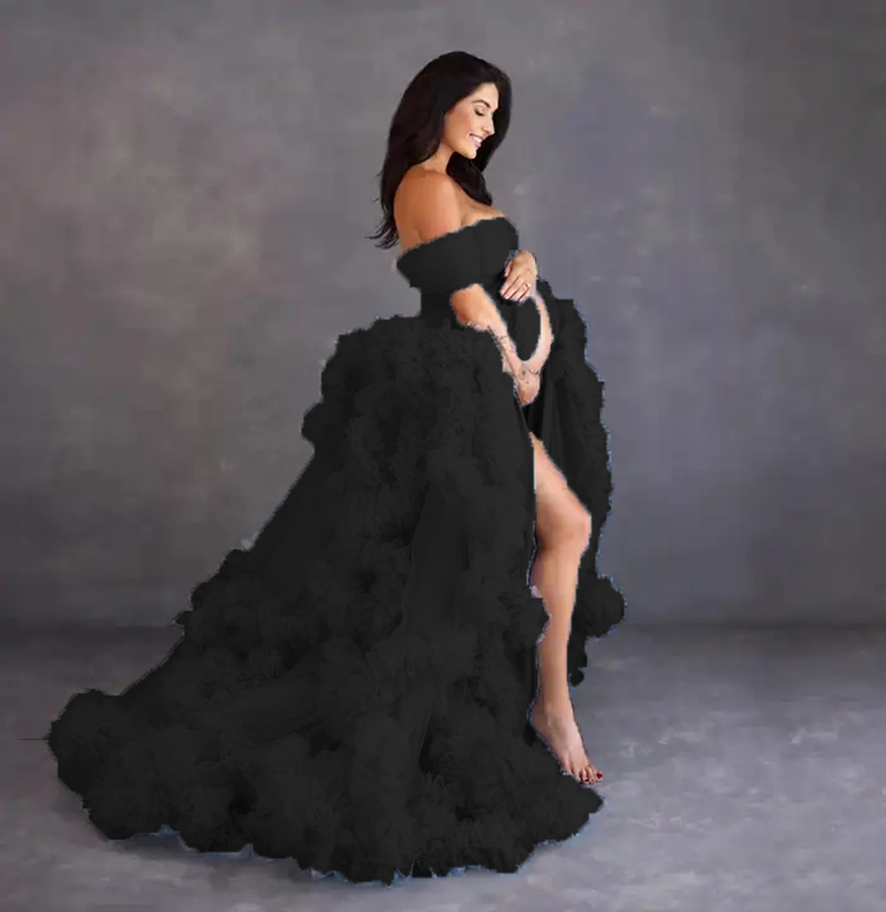 Ruffles Custom Made Tiered Special Ocn Dresses Off The Shoulder Front Split Maternity Dress For Photoshoot