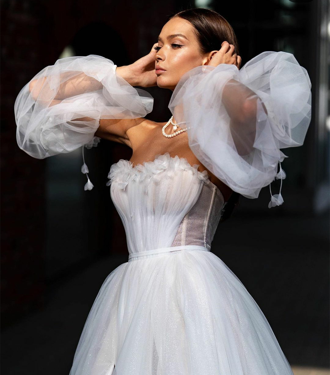 Elegant Long Sweetheart Ivory Wedding Dresses With Sleeves A-Line Tulle Flowers Sweep Train Vestidos de Novia Abendkleid Bridal Gown for Women