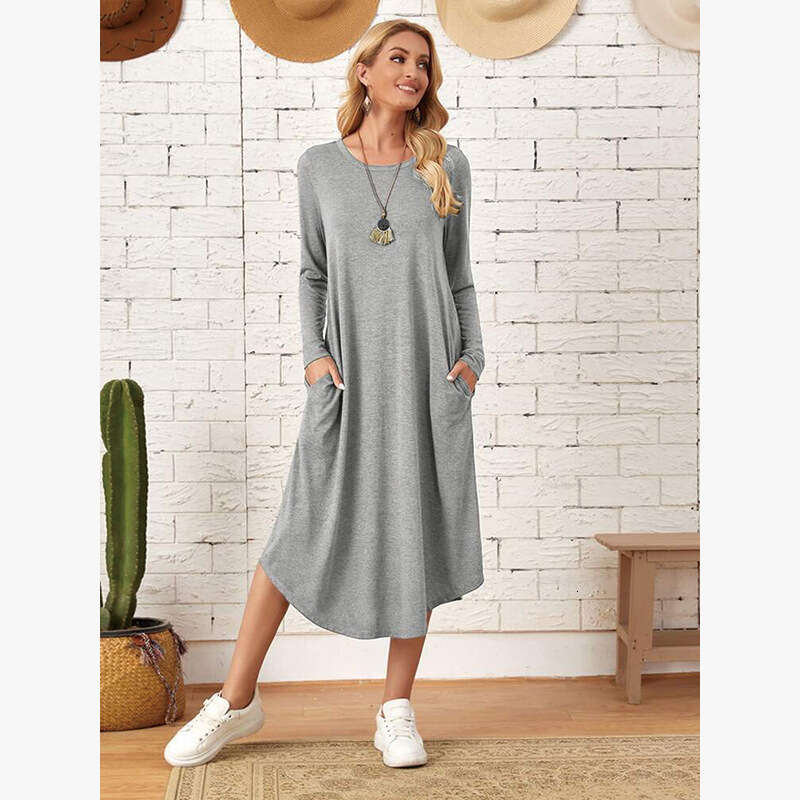 Item Autumn And Winter Womens Dress Pure Color Casual Long Sleeve Curved Hems Loose