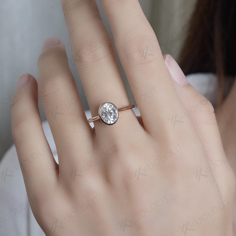 Wedding Rings Kuololit Bezel Set for Women Solid 18K 14K 10K Rose Gold Diamond Anniversary Fine Jewelry 230802