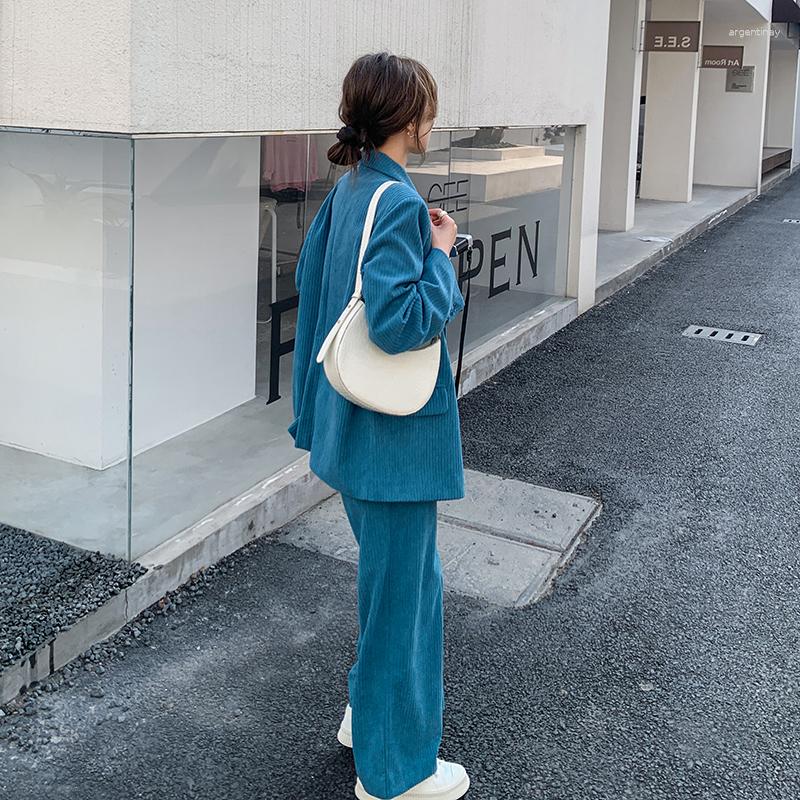 Women's Two Piece Pants Blue Corduroy Blazer Jacket And Suits 2023 Autumn Women Elegant Fashion Loose Coat Wide Leg Trousers Sets A37