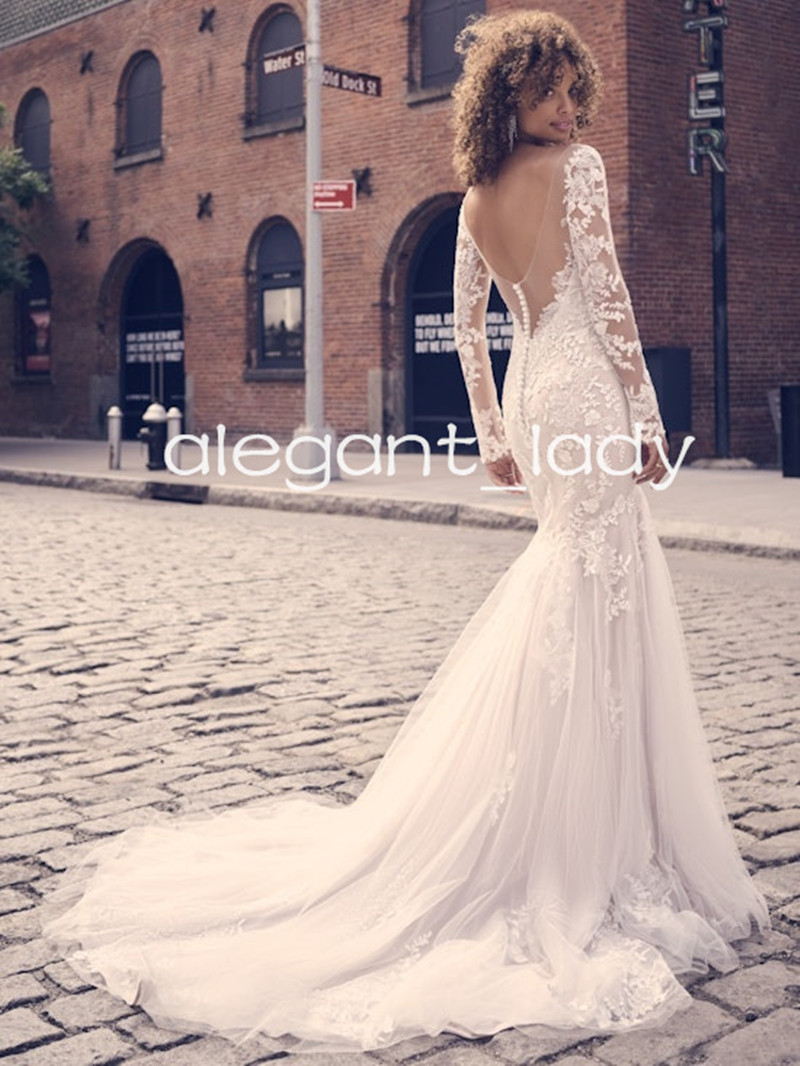 Illusion Long Sleeve Mermaid Wedding Dresses Lace Floral Applique Backless Garden Rustic Bridal Gown Outfit Wear