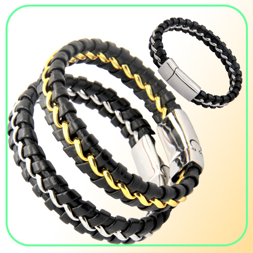 Unique Designer 316L Stainless Steel Bracelets Bangles Mens Gift Black Leather Knitted Magnetic Clasp Bracelet Men Jewelry