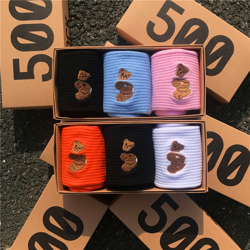 Men s Socks Man Decapitated Bear Fashion Crew Sports Fuzzy Embroidery Trend Hip Hop Cotton 3 Pairs box Gifts for Men Long 230802