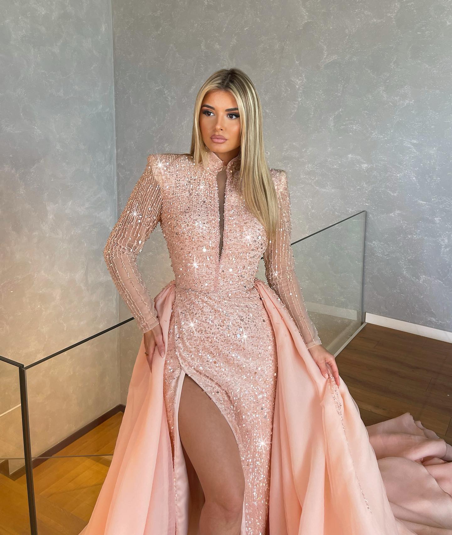 Sequins Elegant Pink Evening Overskirts Sleeves V Neck Formal Long Party Prom Dress Pleats Thigh Slit Dresses For Special Ocn Es 6660306