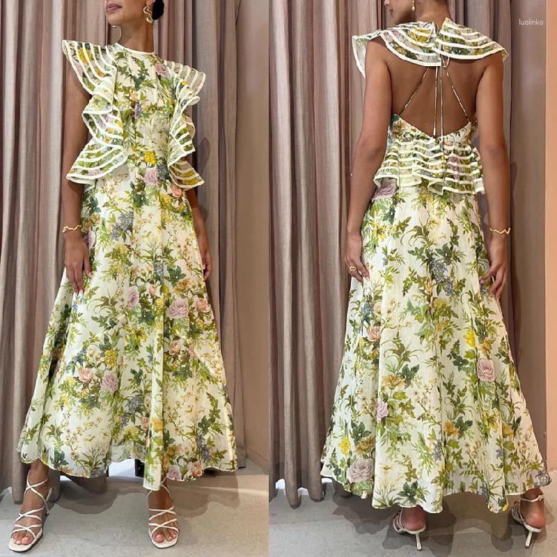 Casual Dresses Women Long Loose Maxi Dress High Waist Floral Flower Summer Spring Ankle Length Sexy Hollow Out Ruffles