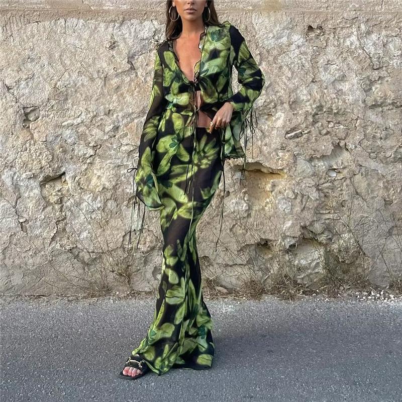 Work Dresses Woman Vintage Green Print Shirt Suit 2023 Summer Female High Street V Neck Lacing Sets Waisted Straight Skirt Set