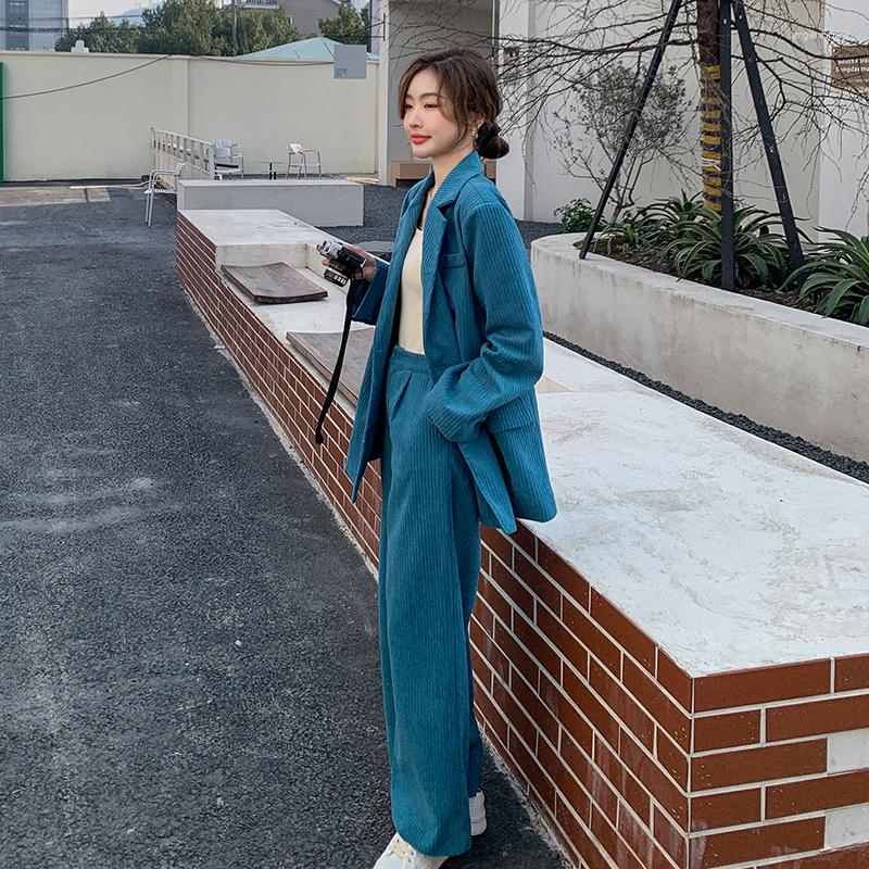 Women's Two Piece Pants Blue Corduroy Blazer Jacket And Suits 2023 Autumn Women Elegant Fashion Loose Coat Wide Leg Trousers Sets A37