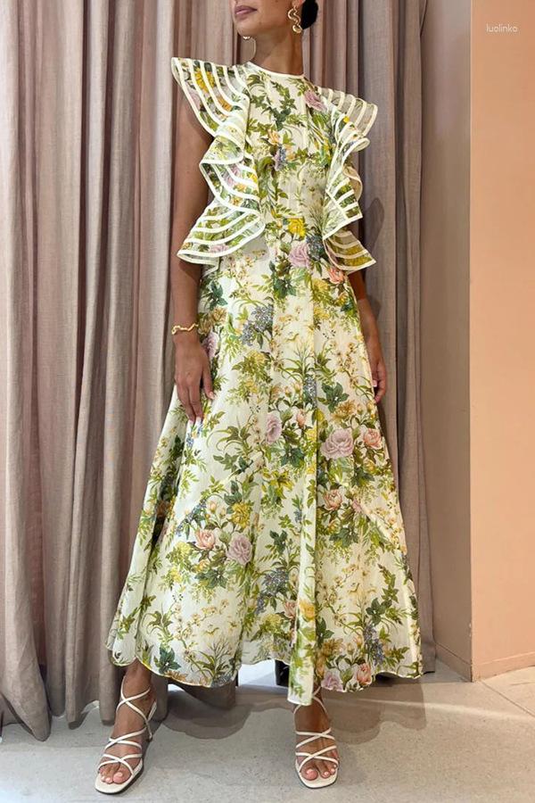 Casual Dresses Women Long Loose Maxi Dress High Waist Floral Flower Summer Spring Ankle Length Sexy Hollow Out Ruffles