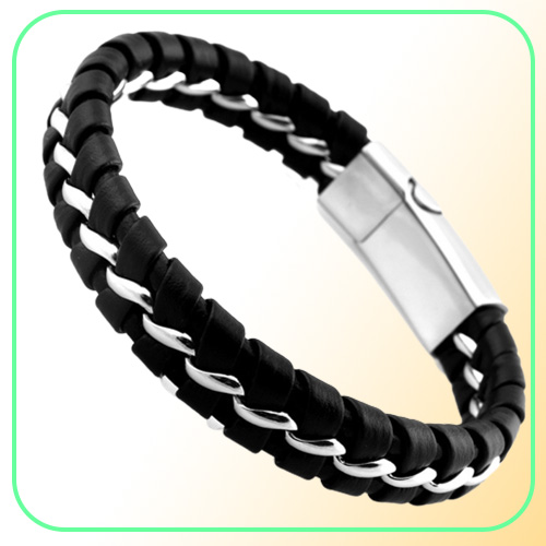 Unique Designer 316L Stainless Steel Bracelets Bangles Mens Gift Black Leather Knitted Magnetic Clasp Bracelet Men Jewelry