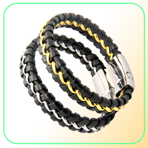 Unique Designer 316L Stainless Steel Bracelets Bangles Mens Gift Black Leather Knitted Magnetic Clasp Bracelet Men Jewelry
