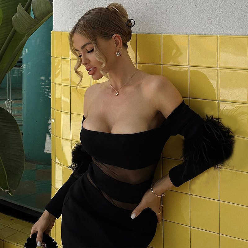 Women's 2023 Autumn New Fashion Splice Mesh One Shoulder Long Sleeve Dress for Women