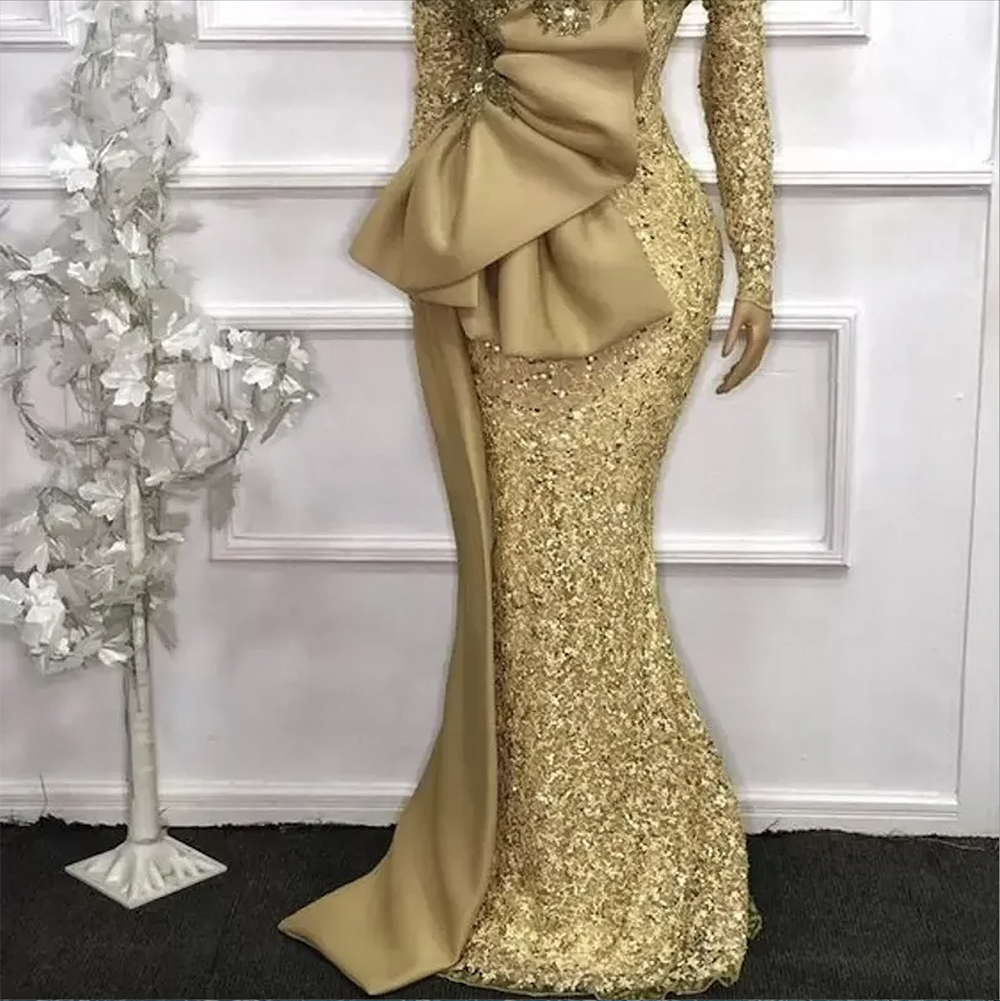 Gold African Mermaid Evening Dresses Glittering Sequined Long Sleeves Big Bow Satin Peplum Prom Party Gowns Plus Size Arabic Aso Ebi Women Vestidos De