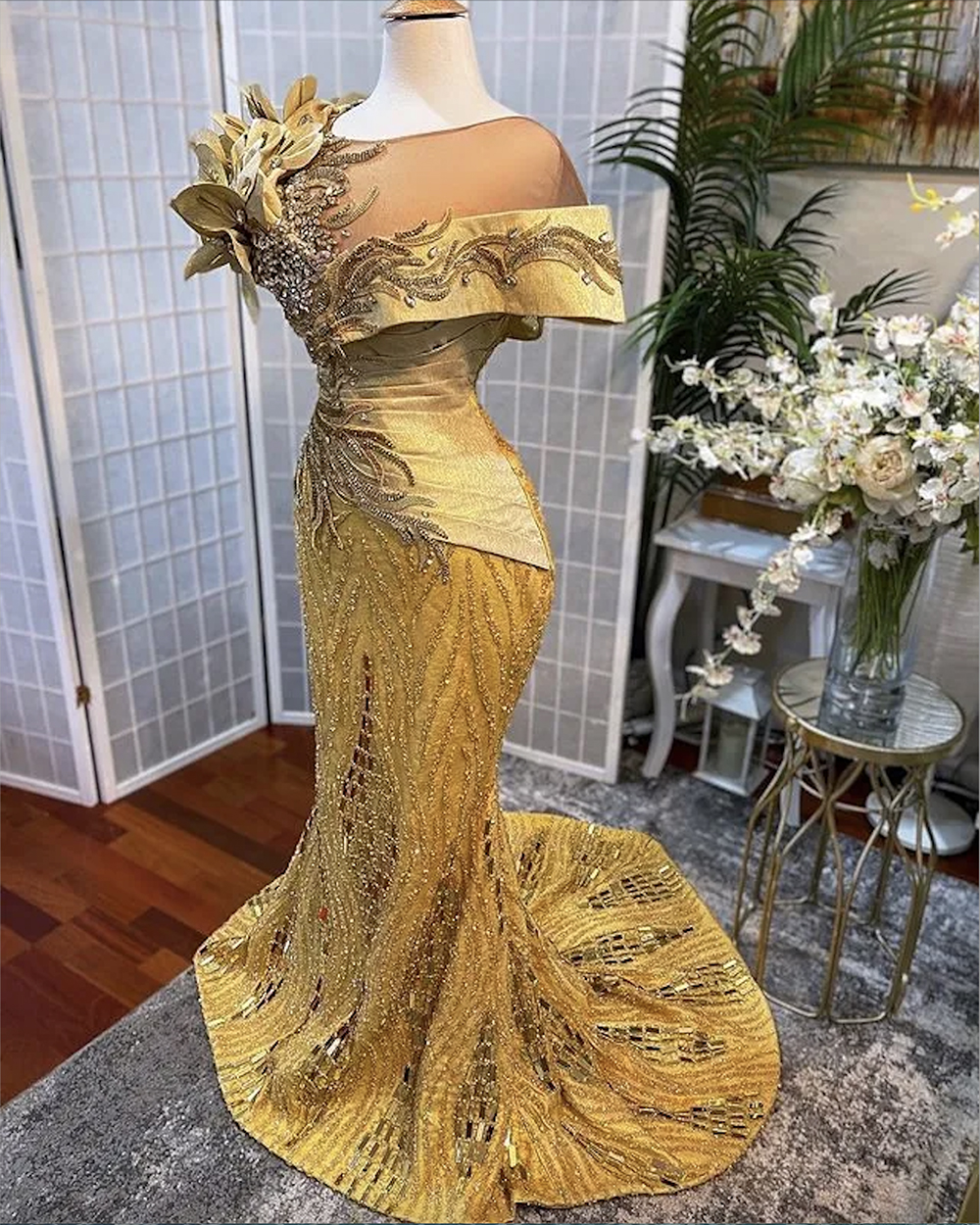 2023 Plus Size Arabic Aso Ebi Gold Luxurious Sparkly Prom Dresses Beaded Crystals Stylish Evening Formal Party Second Reception Gowns Dress 0509