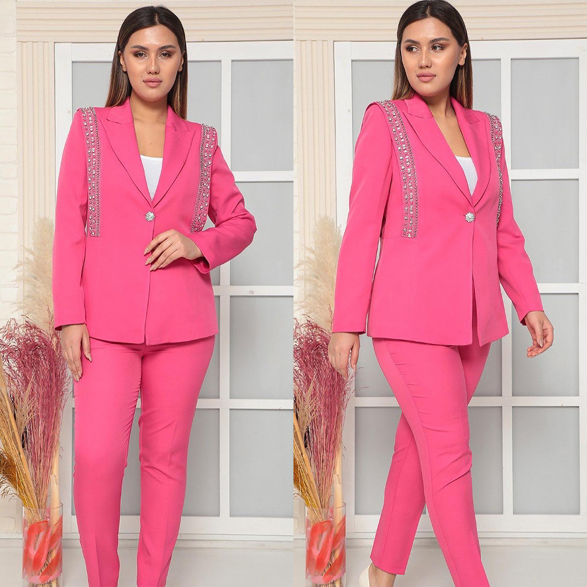 Candy Color Women Pants Suits Crystal Beads Blazer Sets Slim Fit 2 Pieces Custom Made For Wedding Wear Fashion Show