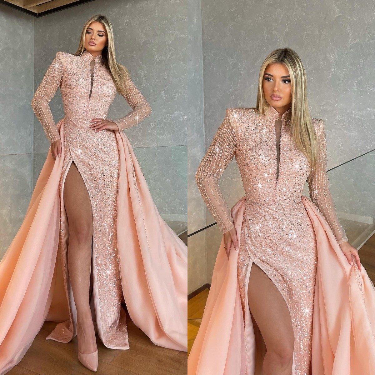 Sequins Elegant Pink Evening Overskirts Sleeves V Neck Formal Long Party Prom Dress Pleats Thigh Slit Dresses For Special Ocn Es 6660306