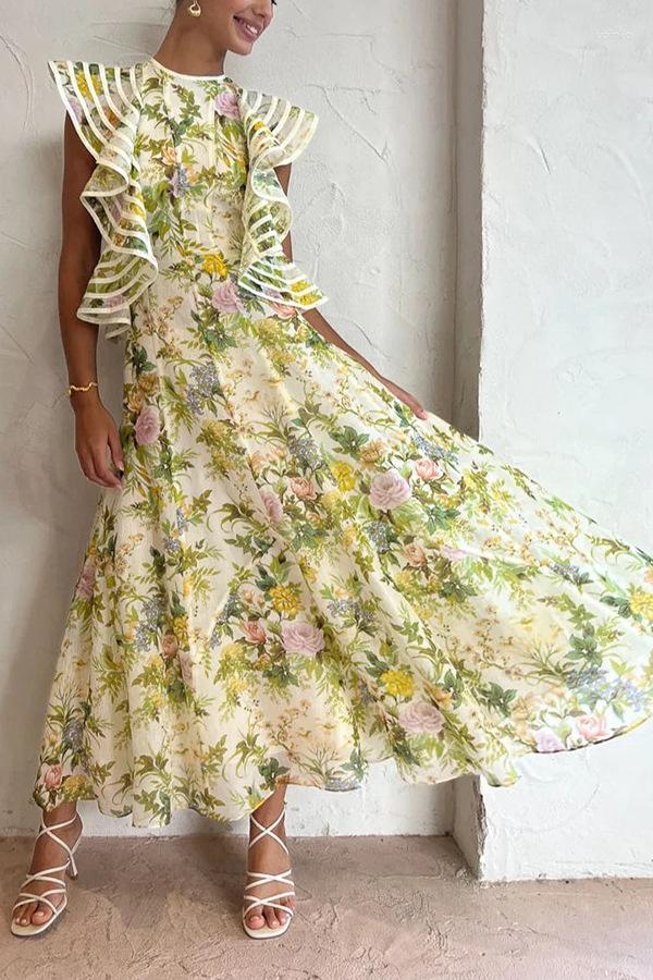 Casual Dresses Women Long Loose Maxi Dress High Waist Floral Flower Summer Spring Ankle Length Sexy Hollow Out Ruffles