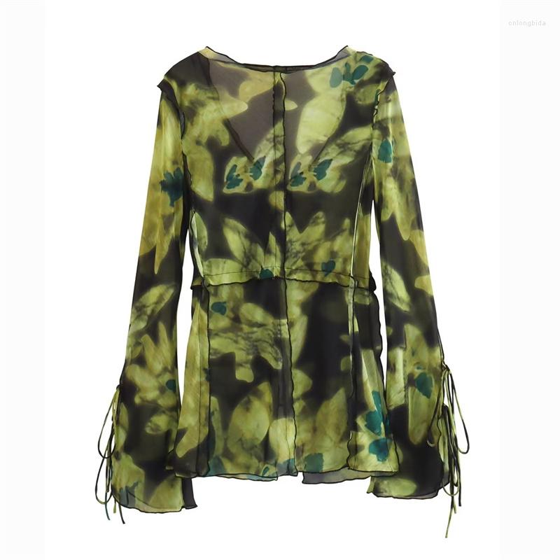 Work Dresses Woman Vintage Green Print Shirt Suit 2023 Summer Female High Street V Neck Lacing Sets Waisted Straight Skirt Set