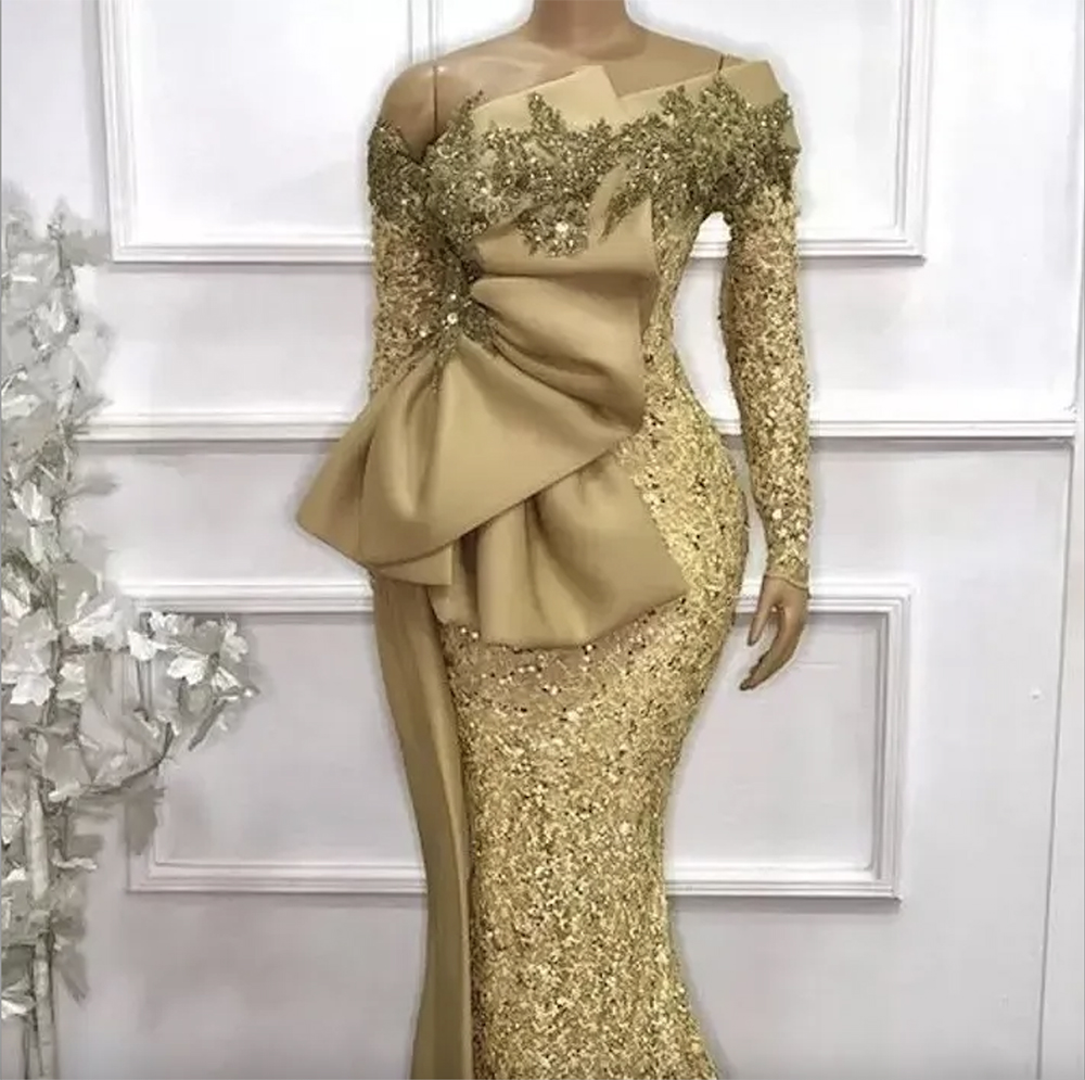 Gold African Mermaid Evening Dresses Glittering Sequined Long Sleeves Big Bow Satin Peplum Prom Party Gowns Plus Size Arabic Aso Ebi Women Vestidos De