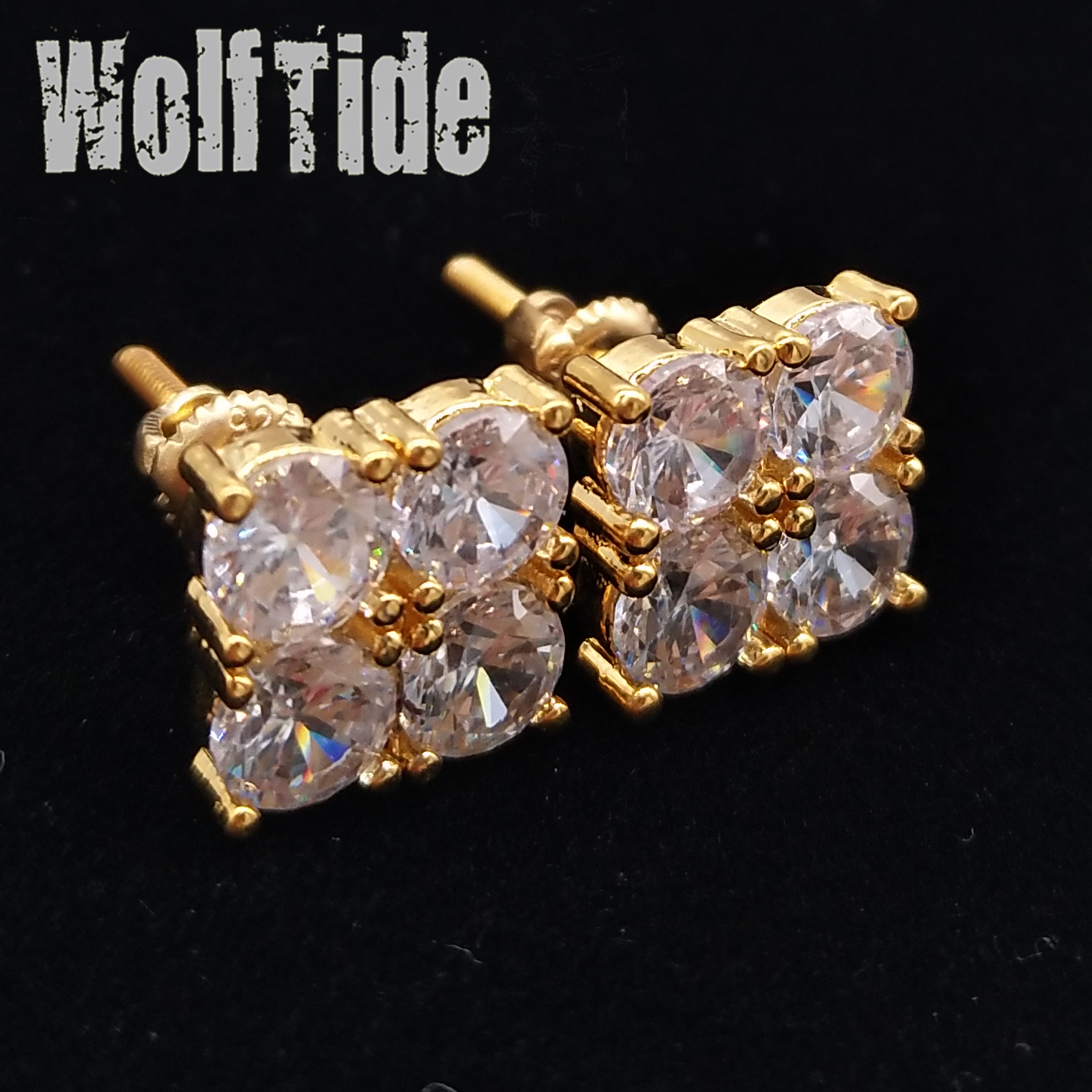 18K Gold Hip Hop 4 Cubic Zirconias Square Stud Earring 0.8 cm for Men Women Girls Iced Out Full Diamond Earrings Studs Hip Hop Punk Rock Rapper Jewelry Wholesale