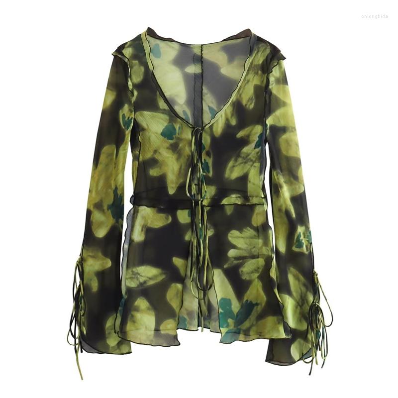 Work Dresses Woman Vintage Green Print Shirt Suit 2023 Summer Female High Street V Neck Lacing Sets Waisted Straight Skirt Set