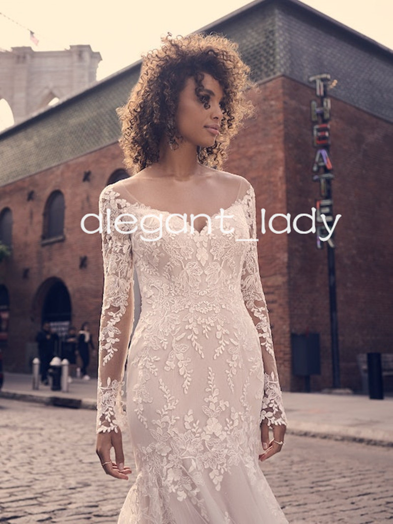 Illusion Long Sleeve Mermaid Wedding Dresses Lace Floral Applique Backless Garden Rustic Bridal Gown Outfit Wear
