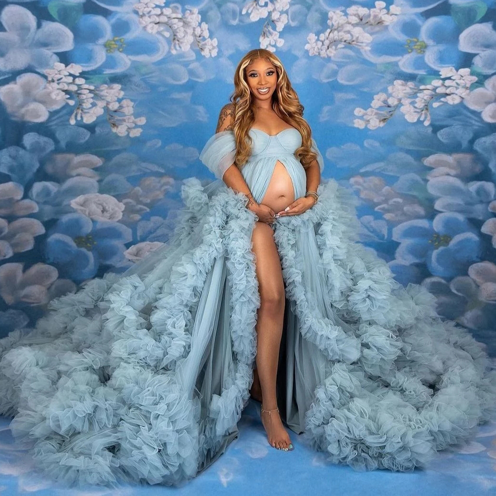Ruffles Custom Made Tiered Special Ocn Dresses Off The Shoulder Front Split Maternity Dress For Photoshoot