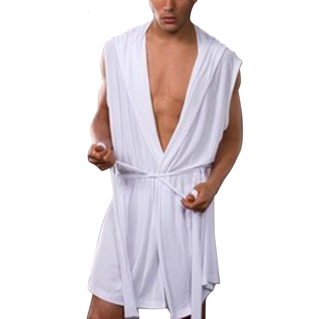 Men s Robes Summer Milk Silk Bathrobe Hooded Sleeveless Pajamas Slimming Medium And Long Fitting Household Clothing 230802