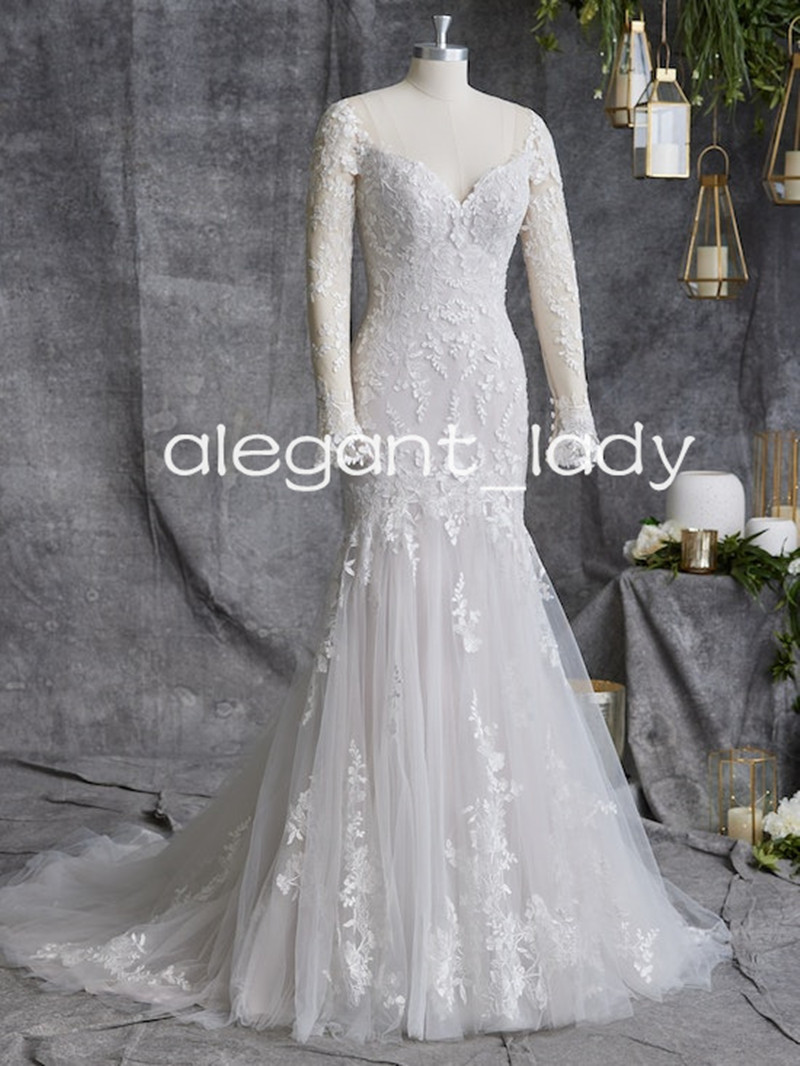Illusion Long Sleeve Mermaid Wedding Dresses Lace Floral Applique Backless Garden Rustic Bridal Gown Outfit Wear