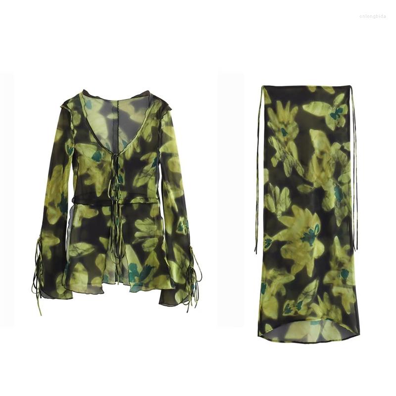 Work Dresses Woman Vintage Green Print Shirt Suit 2023 Summer Female High Street V Neck Lacing Sets Waisted Straight Skirt Set