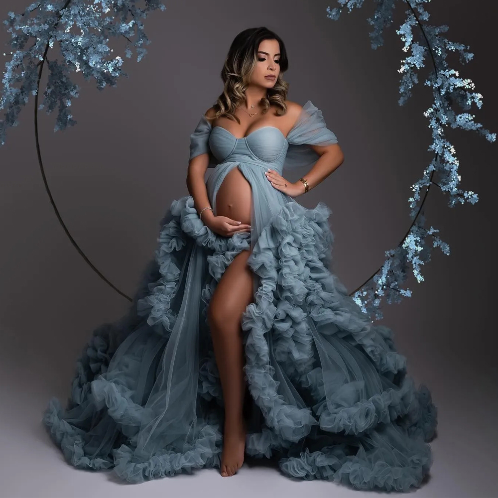 Ruffles Custom Made Tiered Special Ocn Dresses Off The Shoulder Front Split Maternity Dress For Photoshoot
