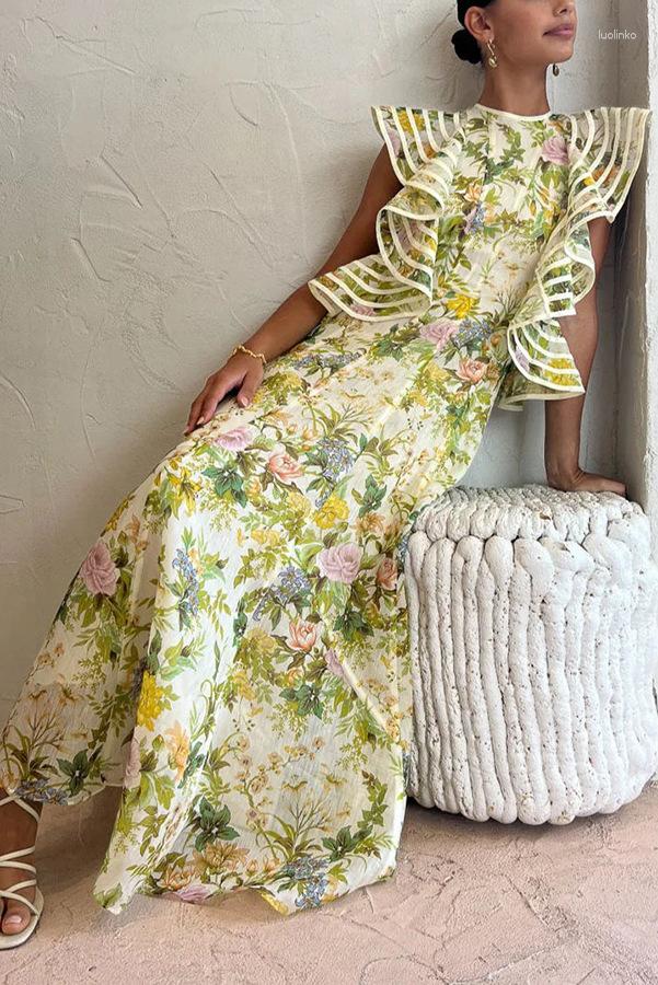Casual Dresses Women Long Loose Maxi Dress High Waist Floral Flower Summer Spring Ankle Length Sexy Hollow Out Ruffles
