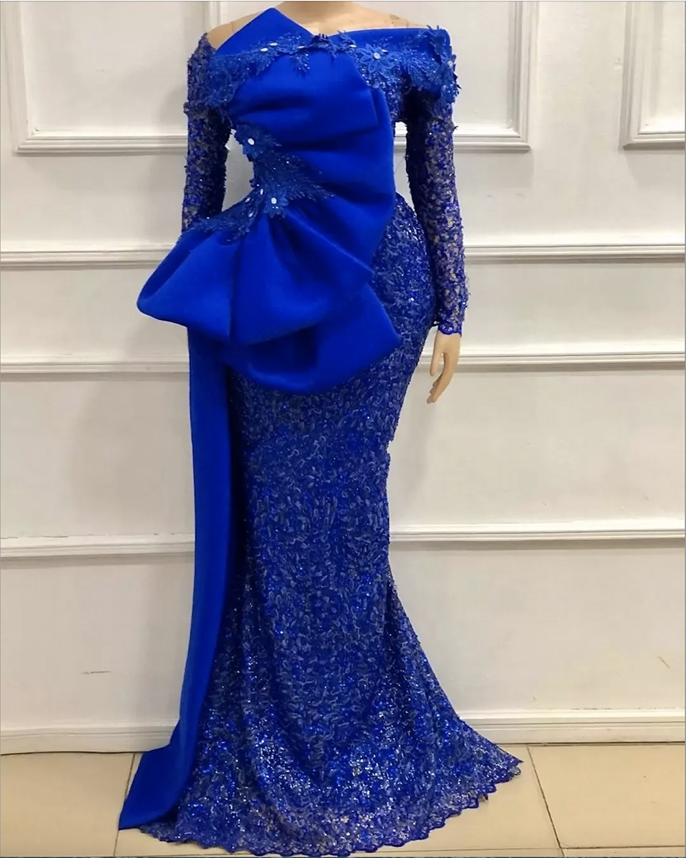 Gold African Mermaid Evening Dresses Glittering Sequined Long Sleeves Big Bow Satin Peplum Prom Party Gowns Plus Size Arabic Aso Ebi Women Vestidos De