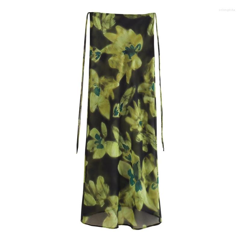 Work Dresses Woman Vintage Green Print Shirt Suit 2023 Summer Female High Street V Neck Lacing Sets Waisted Straight Skirt Set