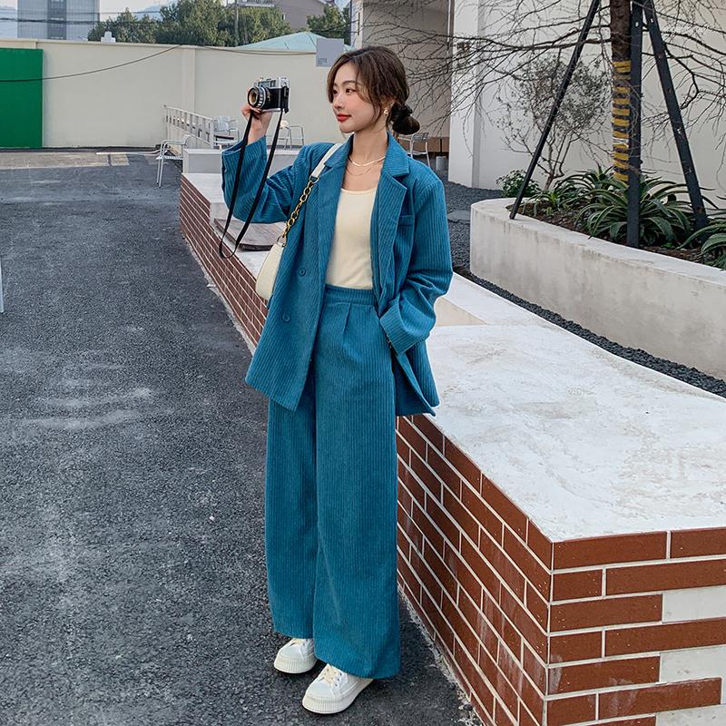 Women's Two Piece Pants Blue Corduroy Blazer Jacket And Suits 2023 Autumn Women Elegant Fashion Loose Coat Wide Leg Trousers Sets A37
