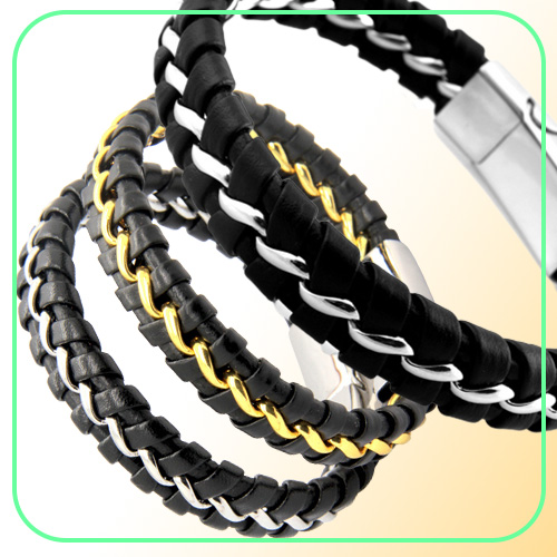 Unique Designer 316L Stainless Steel Bracelets Bangles Mens Gift Black Leather Knitted Magnetic Clasp Bracelet Men Jewelry