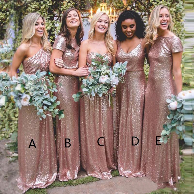 2023 Elegant Rose Gold Sequined Bridesmaid Dresses Long Sexy Country Boho Bridesmaids Dresses Plus Size Custom Made
