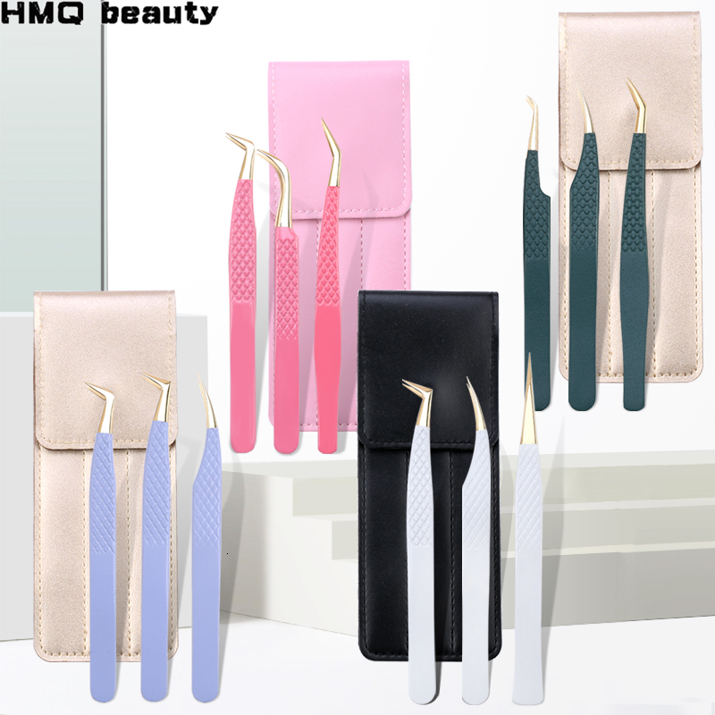 Makeup Tools 3Pc Eyelash Tweezers Set With Bag Stainless Steel Accurate 3D Volume Fan Lash Eyebrow Tweezer Accessories 230801