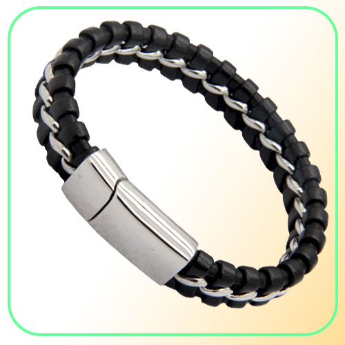 Unique Designer 316L Stainless Steel Bracelets Bangles Mens Gift Black Leather Knitted Magnetic Clasp Bracelet Men Jewelry