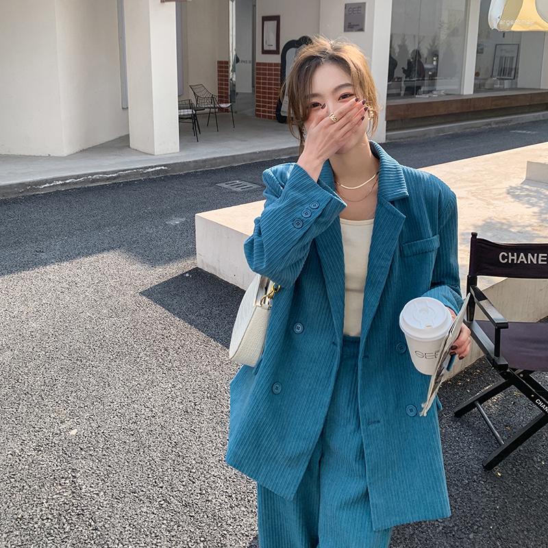 Women's Two Piece Pants Blue Corduroy Blazer Jacket And Suits 2023 Autumn Women Elegant Fashion Loose Coat Wide Leg Trousers Sets A37