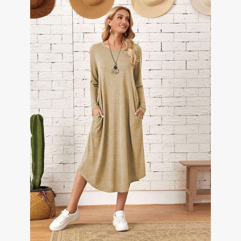 Item Autumn And Winter Womens Dress Pure Color Casual Long Sleeve Curved Hems Loose