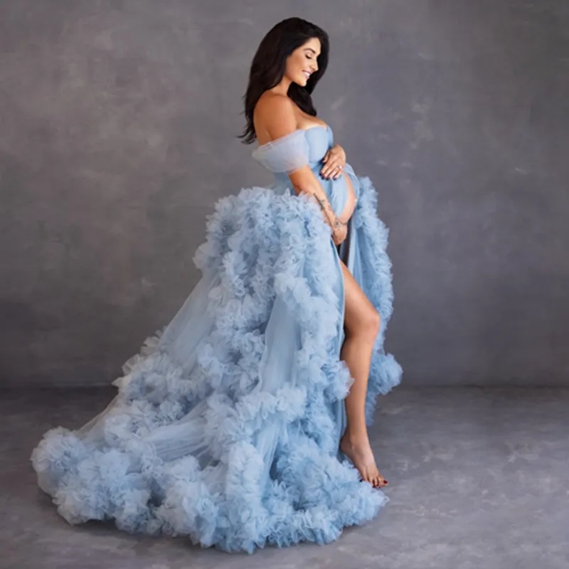 Ruffles Custom Made Tiered Special Ocn Dresses Off The Shoulder Front Split Maternity Dress For Photoshoot