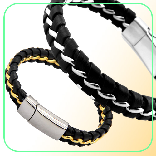 Unique Designer 316L Stainless Steel Bracelets Bangles Mens Gift Black Leather Knitted Magnetic Clasp Bracelet Men Jewelry