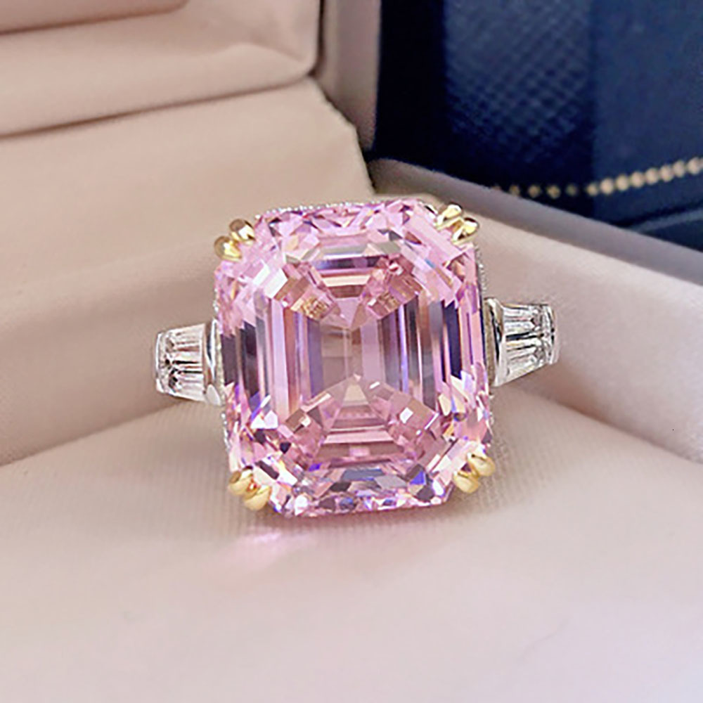 Wedding Rings Sparkling 925 Sterling Silver 13 15mm Simulated Topaz Pink Quartz High Carbon Diamond Party Big Gemstone Ring for Women 230802