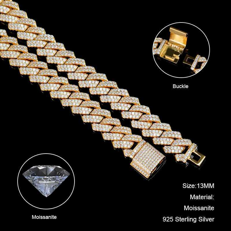 Designer bracelet with 2 rows of diasMens Moissanite Vvs Necklace Gold Plated Sier Jewelry Cuban Link Chain for Men